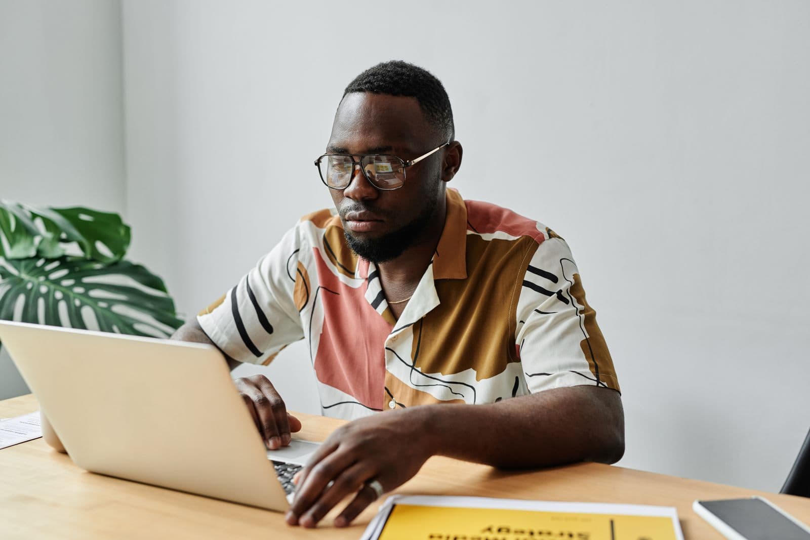A man using a laptop at a desk beside a plant